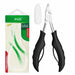 Black precision cuticle nippers with stainless steel blades, protective tip cap and retail packaging