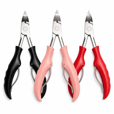 Precision toenail clippers available in black, light pink and red handle options with stainless steel blades and ergonomic grips