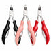 Precision toenail clippers available in black, light pink and red handle options with stainless steel blades and ergonomic grips