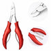 Red precision cuticle nippers with open stainless steel blades, shown with close-up detail views of the cutting edge and spring handle