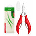 Red precision cuticle nippers with stainless steel blades, protective tip cap and retail packaging