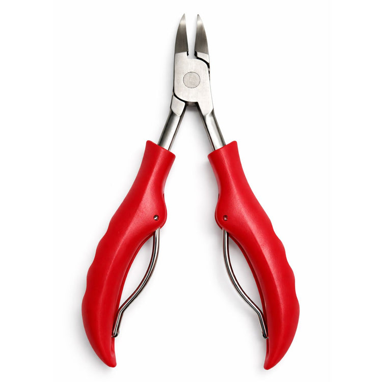 Red precision toenail clippers with open stainless steel blades and ergonomic handles