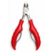 Red precision toenail clippers with open stainless steel blades and ergonomic handles