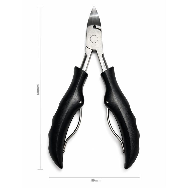Black precision toenail clippers with stainless steel blades, ergonomic handles, and size measurements of 130 mm by 59 mm