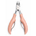 Light pink precision cuticle nippers with open stainless steel blades and ergonomic handles