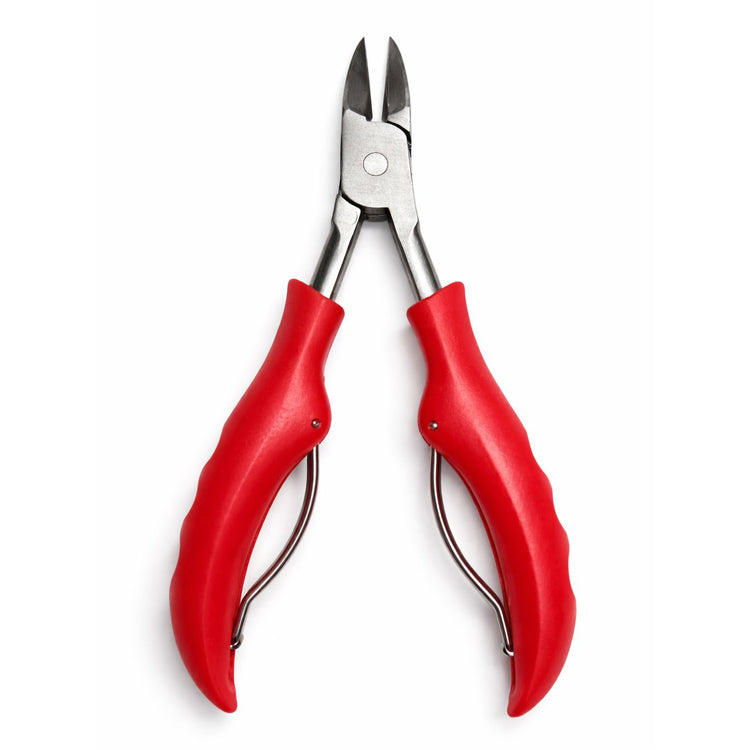 Red precision cuticle nippers with open stainless steel blades and ergonomic handles