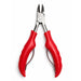 Red precision cuticle nippers with open stainless steel blades and ergonomic handles