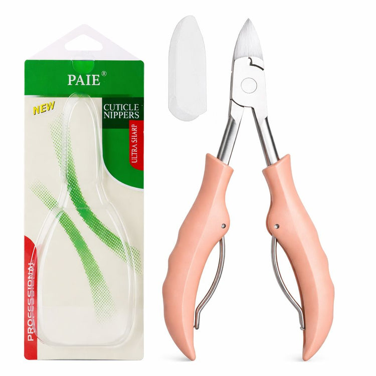 Light pink precision cuticle nippers with stainless steel blades, protective tip cap and retail packaging