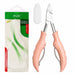 Light pink precision cuticle nippers with stainless steel blades, protective tip cap and retail packaging