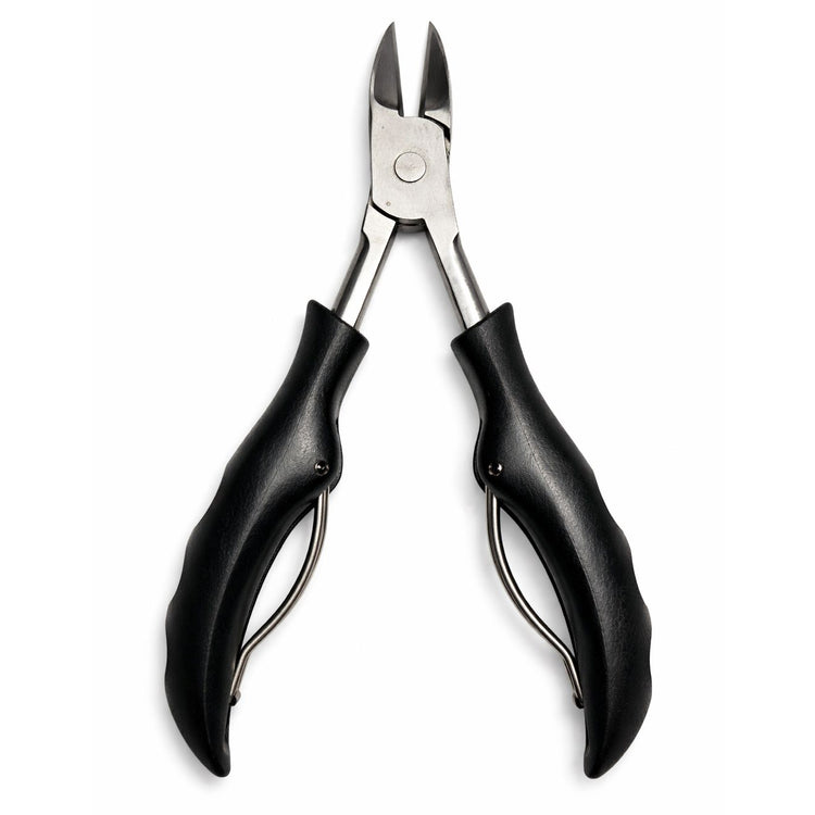 Black precision toenail clippers with open stainless steel blades and ergonomic handles