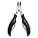 Black precision toenail clippers with open stainless steel blades and ergonomic handles