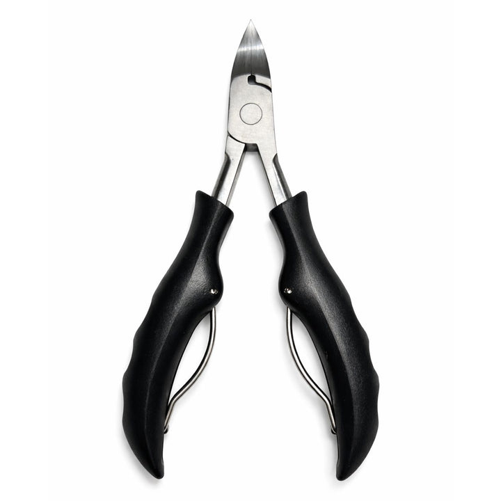 Black precision toenail clippers with stainless steel blades and ergonomic handles