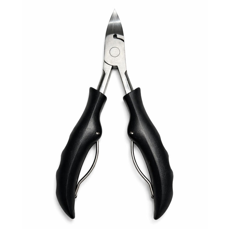 Black precision toenail clippers with stainless steel blades and ergonomic handles