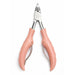 Light pink precision toenail clippers with stainless steel blades and ergonomic handles