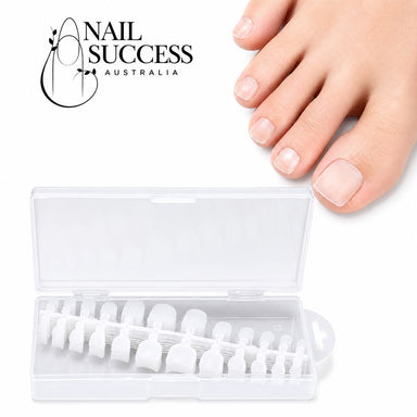 Open tray of 240 clear toenail tips in assorted sizes, shown beside a foot with clear tips applied to the toenails.
