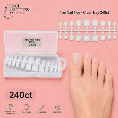 Tray of 240 clear full-cover toenail tips in assorted sizes, shown in a storage box and applied to natural toenails.
