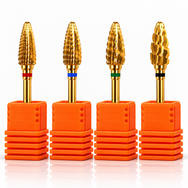 Tornado large-cone tungsten carbide nail drill bits, four grits in orange holders, red, blue, green and black bands