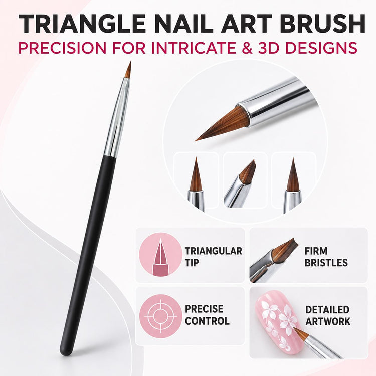 Triangle nail art brush with black handle and firm triangular tip, shown with close-up bristle views and white floral nail art.
