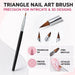 Triangle nail art brush with black handle and firm triangular tip, shown with close-up bristle views and white floral nail art.
