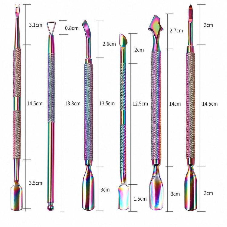 Rainbow 6-piece cuticle pusher, trimmer and scraper tool set with size measurements, NSI Australia