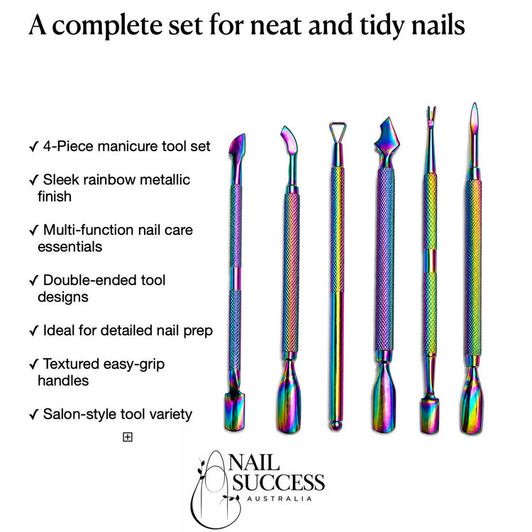 Rainbow 6-piece manicure tool set with cuticle pushers, trimmers and scrapers, NSI Australia