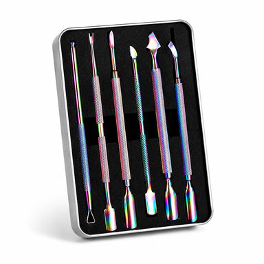 Rainbow 6-piece cuticle pusher, trimmer and peeler scraper nail tool set in storage case, NSI Australia