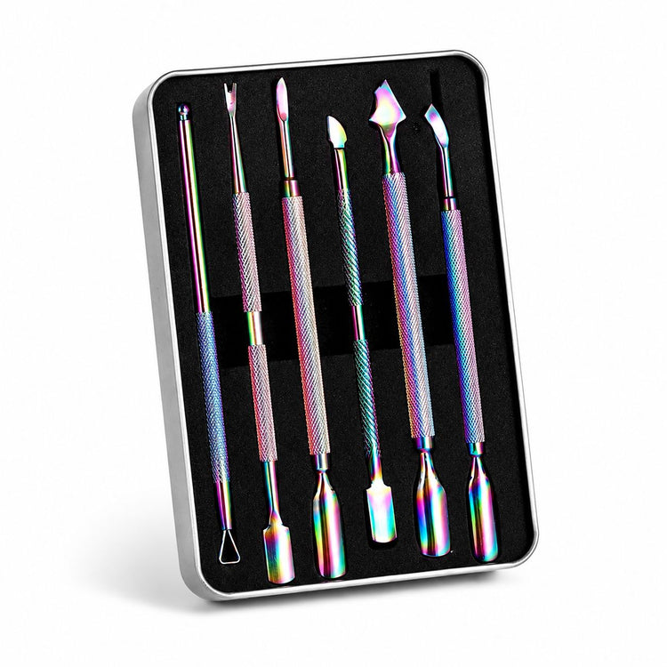 Rainbow 6-piece cuticle pusher, trimmer and peeler scraper nail tool set in storage case, NSI Australia