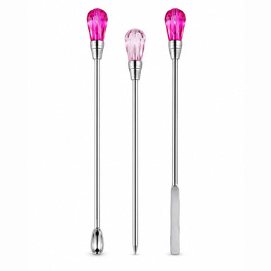 Trio nail art tools with spoon, spatula and pick tips and pink crystal handles for mixing, transferring and detailed nail designs