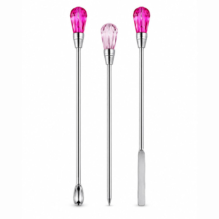 Trio nail art tools with spoon, spatula and pick tips and pink crystal handles for mixing, transferring and detailed nail designs