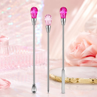 Trio nail art tools with spoon, spatula and pin tips plus pink crystal handles for mixing, transferring and detailed gel nail art designs