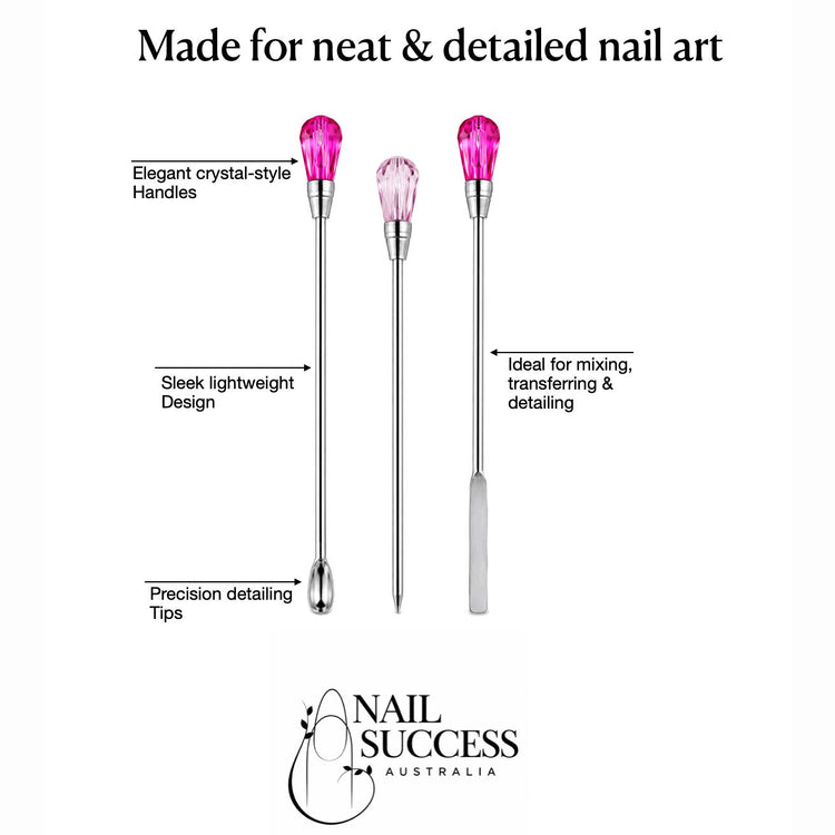 3-piece nail art tools set with spoon, spatula and pick tips for mixing, transferring and detailed nail designs