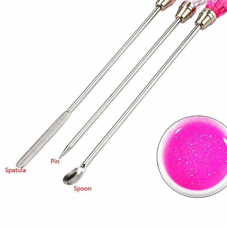Trio nail art tools with spoon, spatula and pin tips for mixing, transferring and detailed gel nail art designs