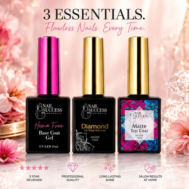 Nail Success Australia trio set with HEMA free base coat gel, diamond no wipe top coat and matte top coat for flawless long lasting gel nails