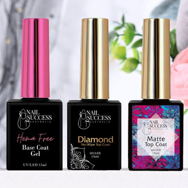 Nail Success Australia trio pack with henna free base coat gel, diamond no wipe top coat and matte top coat, UV LED 15ml gel polish bottles