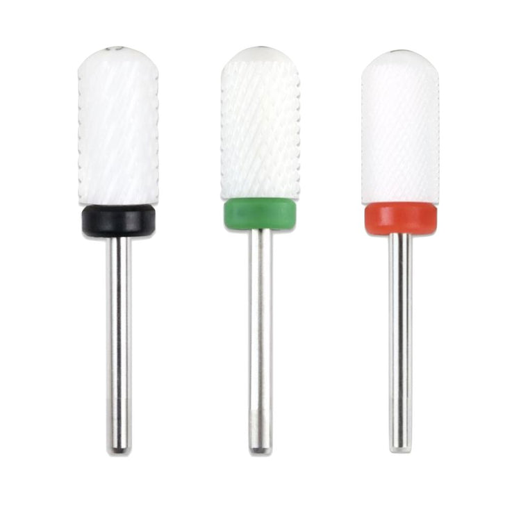 Trio pack ceramic nail drill bits with black, green, and red bands for electric nail file