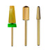 Trio pack gold nail drill bits with cyclone, smooth top barrel and cone bits for professional e-file manicure use