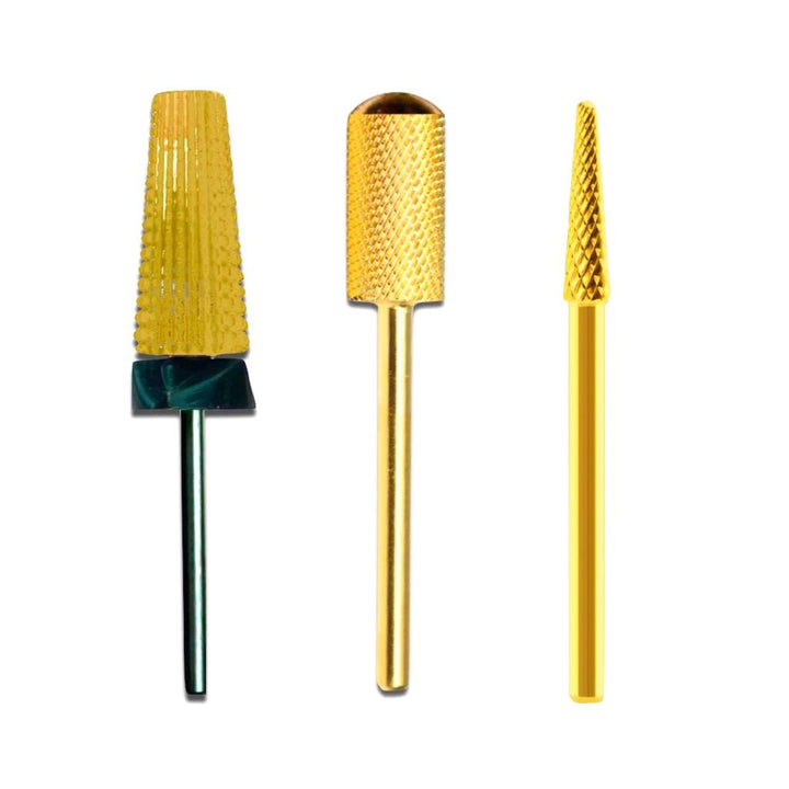 Trio pack gold nail drill bits – cyclone cone, smooth-top barrel and small cone for gel/acrylic removal