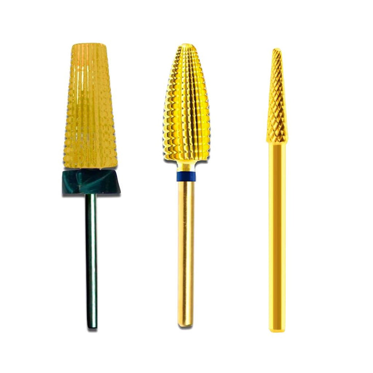 NSI Australia gold carbide nail drill bits trio pack – Cyclone, Tornado and small cone e-file bits for acrylic and gel removal