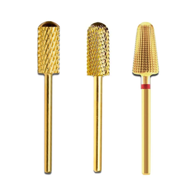 NSI Nails Australia trio pack gold carbide nail drill bits—TC smooth top barrel small, XC rounded top barrel small & M volcano e-file bit