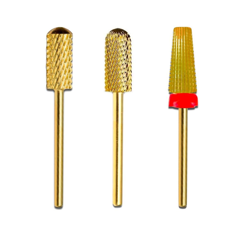 NSI Australia trio pack of gold carbide nail drill bits with smooth-top barrel and tapered cyclone shapes