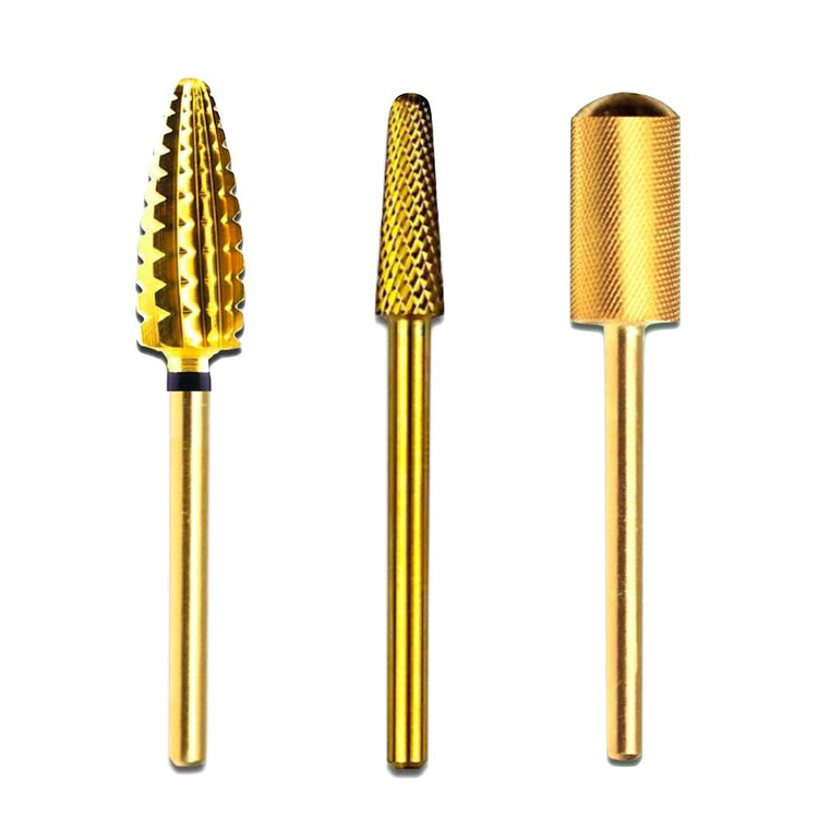 NSI Nails Australia trio pack gold carbide nail drill bits—tornado, small cone & smooth top barrel (large) e-file bits
