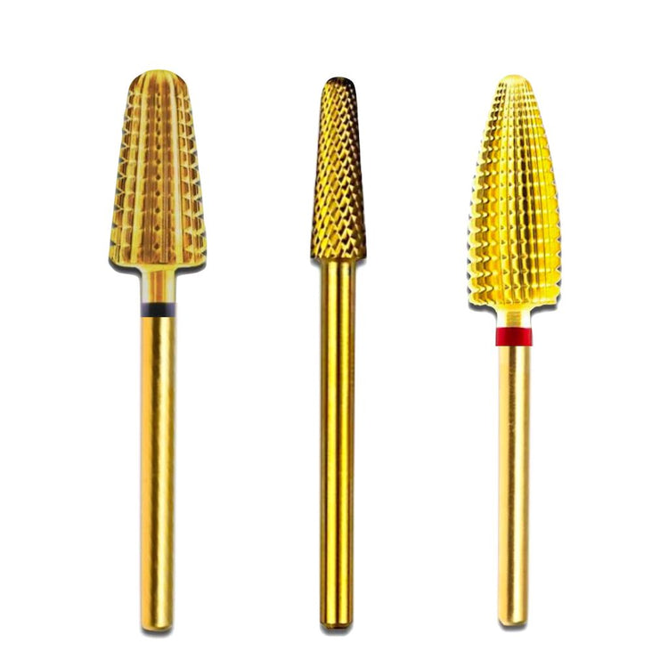 NSI Nails Australia trio pack gold carbide nail drill bits—volcano, small cone & tornado e-file bits