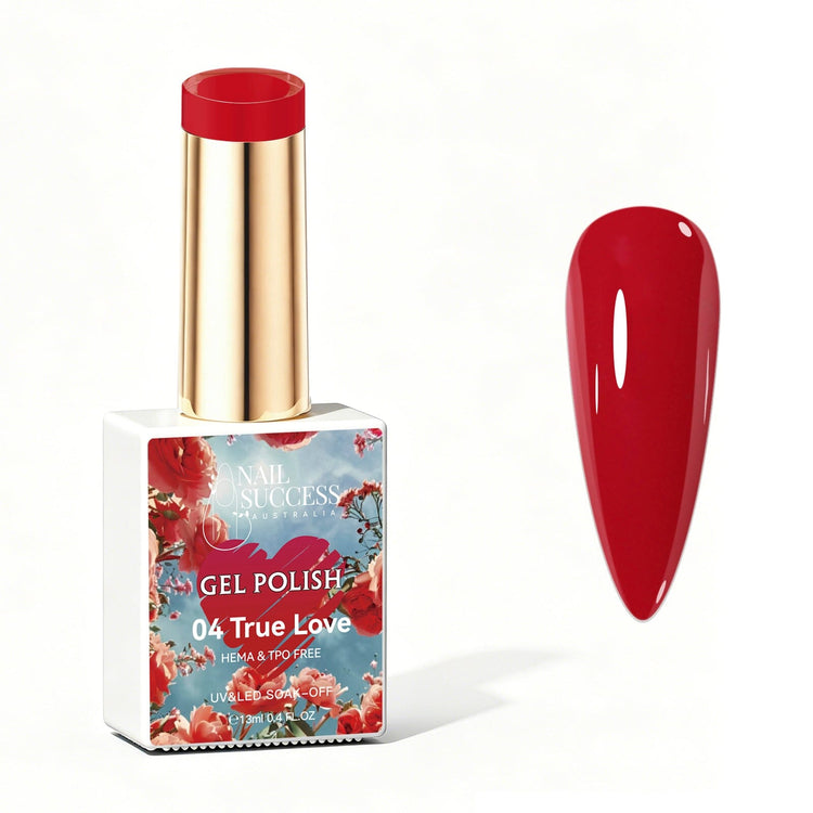 Nail Success Australia True Love red gel polish bottle with glossy red nail colour swatch