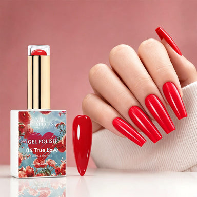 NSI Australia True Love red gel polish with glossy red manicure and swatch, shade 04