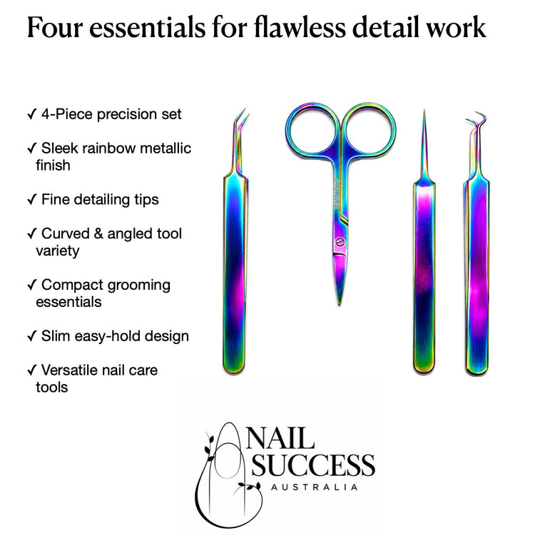Nail Success Australia Tweezers and Scissors 4pcs set with rainbow metallic finish for precision nail detail work