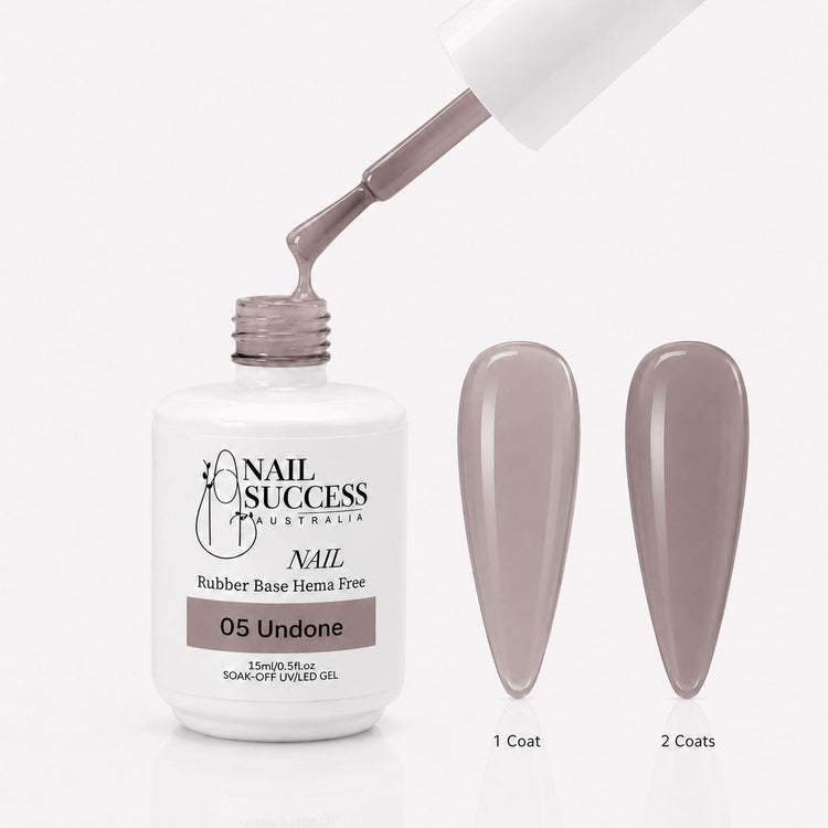 Undone Rubber Base Gel - open bottle with brush and swatches