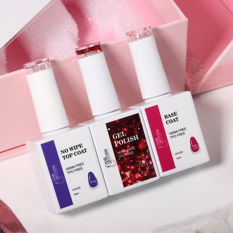 Nail Success Australia Valentine’s gel polish gift set with base coat, gel polish and no-wipe top coat (HEMA-free, TPO-free) 15ml