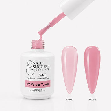 Velour Touch Rubber Base Gel - open bottle with brush and swatches