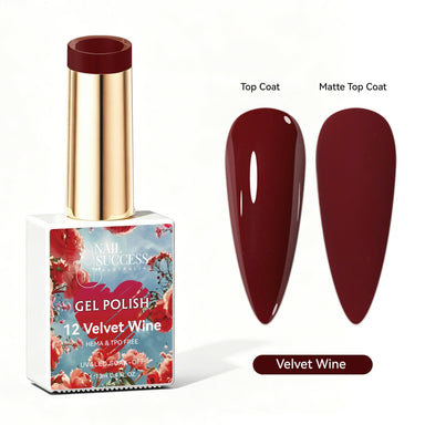 Nail Success Australia Velvet Wine burgundy gel polish with glossy and matte nail colour swatches