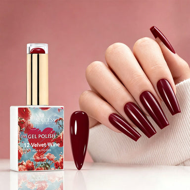 NSI Australia Velvet Wine deep burgundy gel polish with glossy manicure and swatch, shade 12